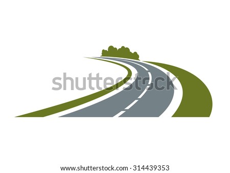 Winding paved road icon with green grassy roadside and curly bushes isolated on white background.  For travel or transportation theme