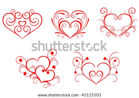 Vector Version. Red Valentine Hearts In Floral Style For Design. Jpeg ...