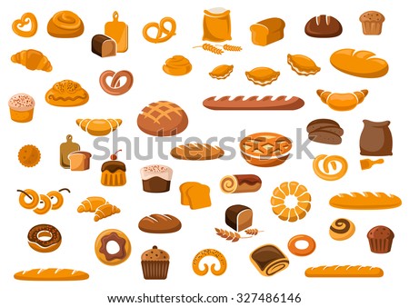 Bakery and pastry products icons set with various sorts of bread, sweet buns, cupcakes, dough and cakes for bakery shop or food design