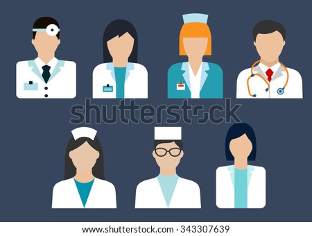 Flat icons of medical professions with doctor, therapist, surgeon, dentist, pharmacist and nurse avatars