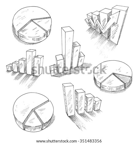 Sketched 3d charts and graphs with different bar graphs and pie charts, with shadows or reflections. For business, management and development concept design usage. Sketch style