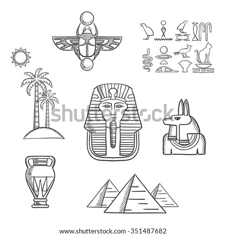 Egypt Travel And Culture Icons With Giza Pyramids, Pharaoh Golden Mask ...