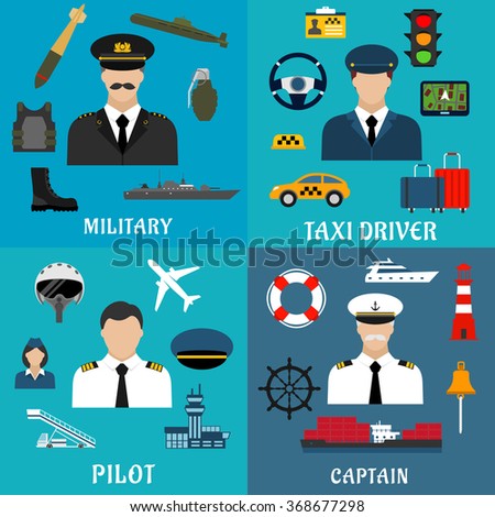 Military, sea captain, pilot and taxi driver flat icons with transportation, equipment, services and armed forces professions symbols 