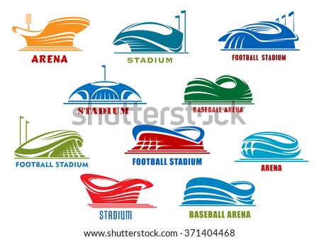 Sport stadiums icons with public buildings of football, soccer, basketball, baseball and ice hockey sporting competition. Sport arena icons or architecture design element