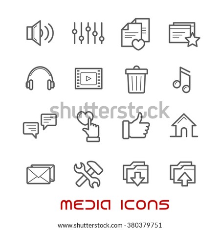 Thin line style multimedia and social media icons with speech bubble and e-mail, load, and home page, favorite star and heart, video, contacts, playlist, equalizer, trash, headphones, speaker