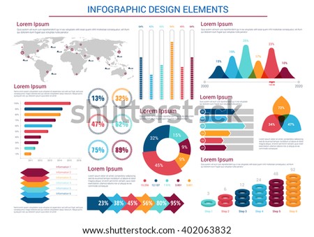 Infographics design elements with pie charts and step diagram with circles, world map with pointers and silhouettes of ships, text layouts, bar graphs and histograms