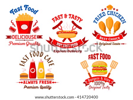 Fast food icons with cartoon burgers, takeaway french fries with sauce cups, grilled hot dog and fried chicken legs with ketchup and mustard bottles, framed by ribbon banners, toque and headers