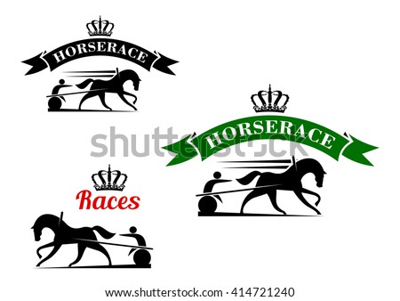 Equestrian sport competition icons for harness racing design template with running horses in horse harness with lightweight two wheeled carts, supplemented crowned ribbon banners above