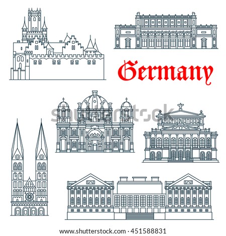 German architecture landmark thin line icons of Berlin Cathedral and Alte Oper concert hall, St. Peter's Cathedral and Marienburg Castle, Pergamon and Kunsthalle Museums. Travel design theme