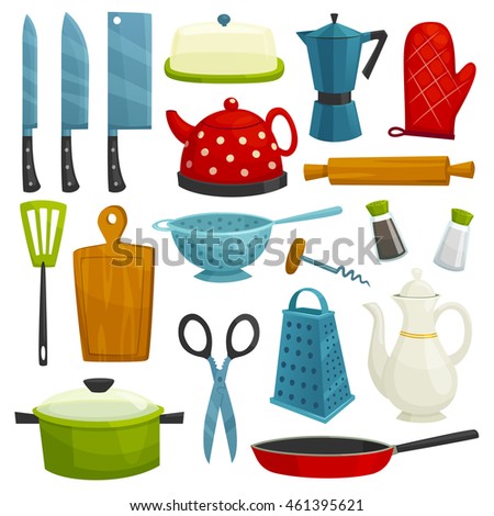 Kitchen utensils isolated icons. Kitchenware and cutlery hatchet, knife, coffee maker, kettle, pitcher, spatula, cutting board, grater, scissors, frying pan siuce pan salt pepper corkscrew colander