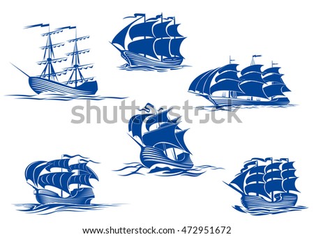 Blue tall ships or sailing ships, one with its sails stowed and the others with their full sails set cruising the ocean ストックフォト © 