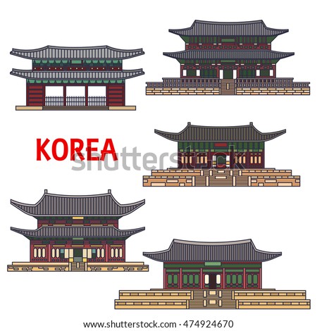 Historic temples of Korea with Haeinsa, Gyeongbokgung, Gyeongbok palace, Namhansanseong, Changdeok, Changdeokgung, Bongeunsa. Korean showplaces symbols for souvenirs, postcards, t-shirts cups magnets