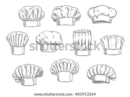 Sketched chef hat, cook cap and toque. Kitchen staff uniform, professional headwear for restaurant, cafe and menu design Foto stock © 