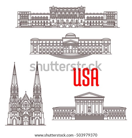 Supreme Court, Library of Congress, Brooklyn Museum and St Patrick Cathedral thin line icons. Famous architecture landmarks of USA. Vector icons of buildings for souvenirs, travel map guide elements