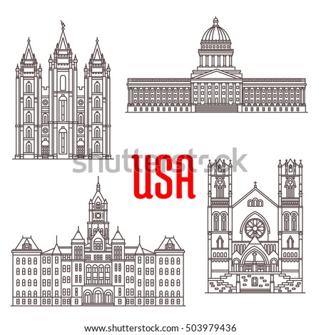 Famous buildings icons of USA. Salt Lake Temple, Utah State Capitol, Salt Lake City and County Building, Cathedral of the Madeleine. American architecture landmarks for souvenirs, travel map elements