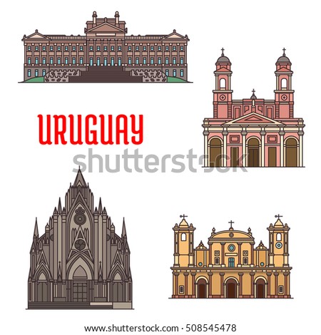 Uruguay landmarks. Palace Montevideo, Church of Virgin of Mount Carmel and St Therese of Lisieux, Iglesia de los Carmelitas, San Fernando de Maldonado Cathedral, Montevideo Metropolitan Cathedral