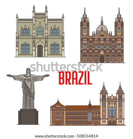 Tourist  architecture landmarks in Brazil. Portuguese Royal Public Library, Sao Bento Monastery, Candelaria Church detailed facade icons for travel, vacation design elements