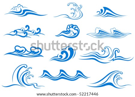 Collection of curling waves with ripples, crests, curlicues and breaking rollers in twelve different designs in blue, vector illustration. Jpeg version also available