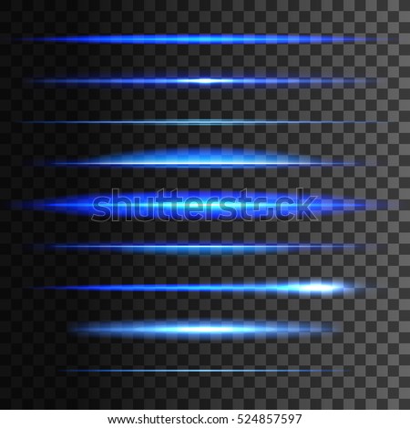 Glowing light lines. Vector set of light glow linear effect. Blue neon light flash stripes and sparkling rays traces on transparent background.