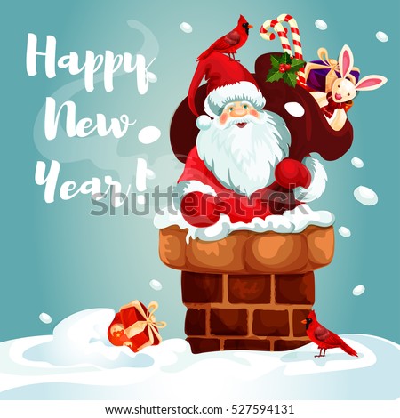 Santa Claus on the roof. Santa with gift bag full of present box, candy cane, holly berry and toy gets into the chimney. Winter holiday festive poster design