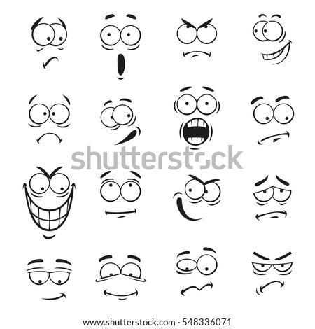 Human cartoon emoticon faces with expressions. Vector cute eyes elements smiling, happy, upset, surprised, skeptical, sad, angry, mad, stupid, crying, shocked, comic, silly, scared, classy, optimistic