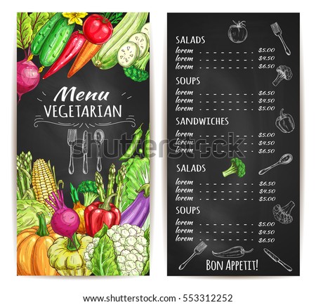 stock vector vegetarian food restaurant menu menu board template with vegetable dishes prices and sketches of 553312252
