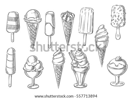 Ice cream icons of frozen creamy desserts, gelato ice cream, wafer cone, caramel eskimo or chocolate glaze sundae with nuts, whipped cream and fruit ice, fresh vanilla scoops in glass bowl