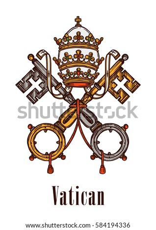 Vatican heraldic keys state official symbol on flag and coat of arms. Vector heraldry emblem of vintage keys and ribbons, imperial or royal crown of monarchy government with catholic cross