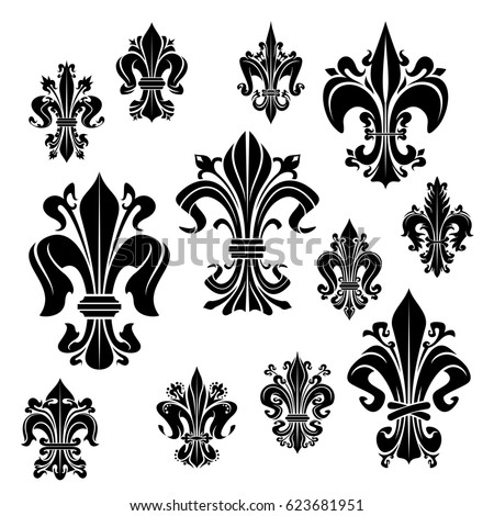 Fleur-de-lis vector icons of heraldic royal lily flower French imperial epoch symbol. Isolated fleur de lys flourish ornate heraldry petals for floral ornament or luxury interior design decor element