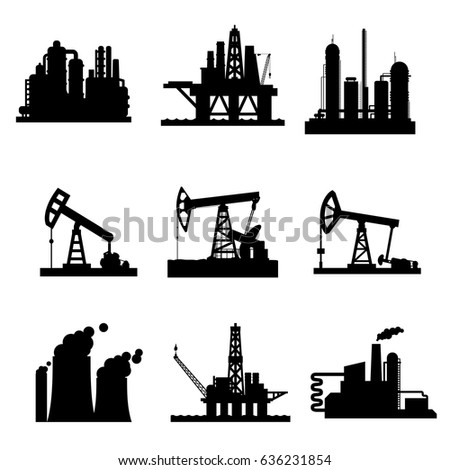 Oil derricks and gas extraction pump mining stations icons set. Vector isolated symbols of oil drilling sea platform, pipeline refinery, industrial fuel plant or factory with smoke of blast furnace.