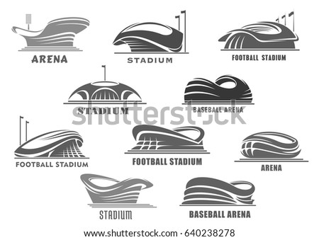 Sport stadium or arena vector isolated icons set. Futuristic or modern linear sport stadium design with lamps and flag poles. Sporting field symbols or badges of playfield for soccer or football game