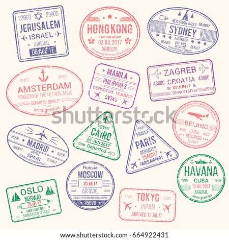 Passport travel stamps icons with city names Jerusalem, Hong Kong, Sydney, Amsterdam and Zagreb, Paris or Havana, Beijing or Madrid and Moscow. Vector isolated set of country migration arrival entry