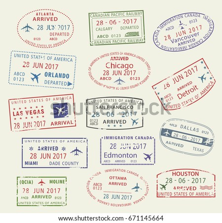 Passport travel stamps icons with city names of USA America and Canada, Atlanta, Vancouver or Chicago and Las Vegas or San Francisco and Miami. Vector isolated set of country migration arrival entry