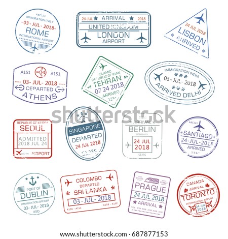 Passport stamps set with city names Rome Italy , London or Lisbon and Athens, Tehran or Delhi and Seoul, Singapore, Berlin Germany and Dublin, Colombo. Travel country arrival vector isolated icons