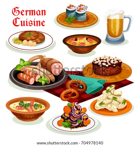 German cuisine traditional beer, sausage and wurst icon, served with potato salad, bacon soup with pretzel, fish roll, pork schnitzel, noodle soup with brussel sprouts, chocolate cake with almond.