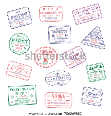 Passport city names stamps set. Kuala Lumpur, Ankara or America Los Angeles and Helsinki, Brussels, Abu Dhabi or Jakarta, Warsaw, Vienna and New York USA travel country arrival vector isolated icons