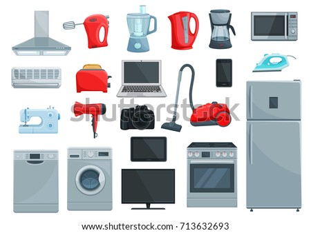 Home appliance icons set. Refrigerator, microwave, oven and vacuum cleaner, iron, stove and toaster, washing and coffee machine, blender and kettle, computer, tv and camera, telephone, air conditioner