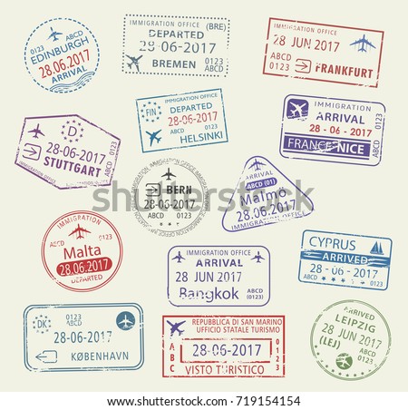 Passport city names stamp set. Edinburgh, Stuttgart and Leipzig in Germany, Bern, Helsinki or Cyprus and Bangkok in Thailand, Malta or Copenhagen and Nice. Travel country arrival vector icons.