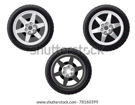 Vector illustration of three different car tyres with metal alloy hubs and rims on white. Jpeg version also available in gallery