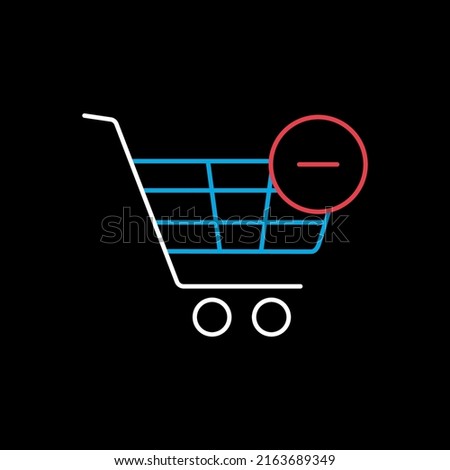 Shopping cart icon with minus isolated on the black. Remove from cart. E-commerce sign. Graph symbol for your web site design, logo, app, UI. Vector illustration, EPS10.