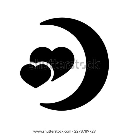 Crescent moon with heart shaped stars isolated glyph icon. Vector illustration, romance elements. Sticker, patch, badge, card for marriage, valentine