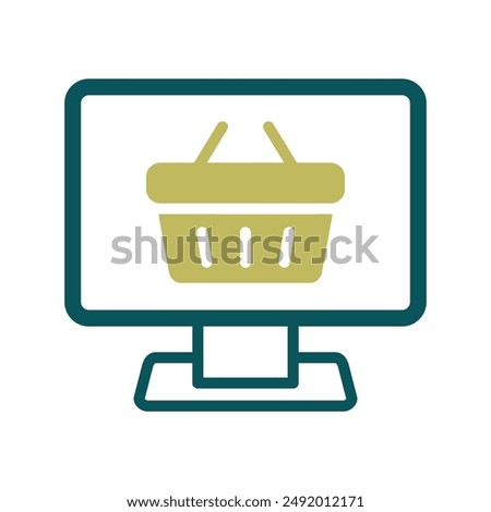 Computer display with shopping cart icon vector. Online shoping basket symbol, logo illustration. E-commerce sign