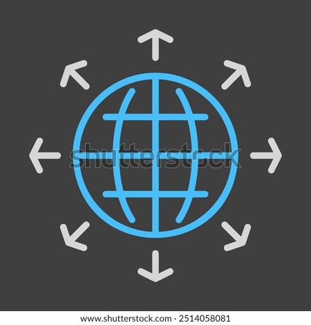 Arrows outside from globe vector on dark background icon. Global communication filled symbol. Security sign. Graph symbol for your web site design, logo, app, UI