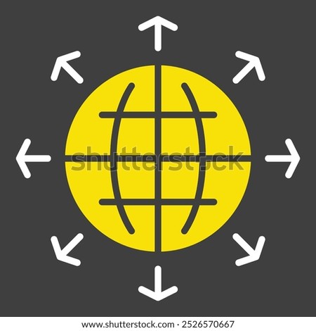 Arrows outside from globe vector icon on dark background. Global communication filled symbol. Security sign. Graph symbol for your web site design, logo, app, UI