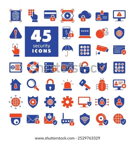 Security vector icon set. Cyber lock, password, unlock. Guard, shield, home security system icons. Eye access, electronic check, firewall. Internet protection, laptop password