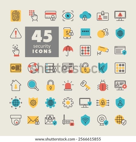 Security vector icon set. Cyber lock, password, unlock. Guard, shield, home security system icons. Eye access, electronic check, firewall. Internet protection, laptop password