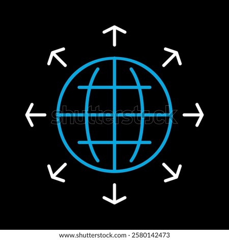 Arrows outside from globe vector on black background icon. Global communication filled symbol. Security sign. Graph symbol for your web site design, logo, app, UI