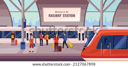 Nice vector illustration of a railway station in a cartoon style. Boarding the train people with luggage. Logistics of passenger transportation.