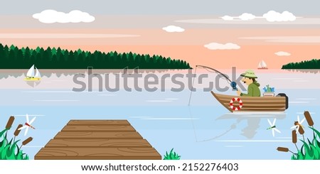 Vector illustration of beautiful fishing. Cartoon a fisherman in a boat with a bunch of fish on a river or in the sea, with a forest and ships in the background.