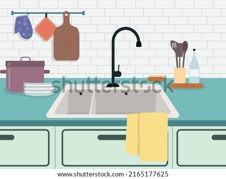 Vector illustration of a beautiful kitchen. Cartoon interior with sink, dishes, towels, kitchen utensils hanging nearby.